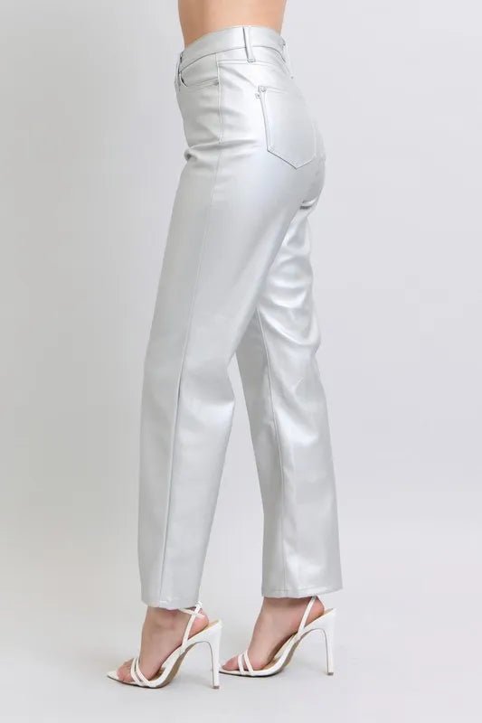 Judy Blue Plus Size High Waist Silver Faux Leather Pants - AMVIM