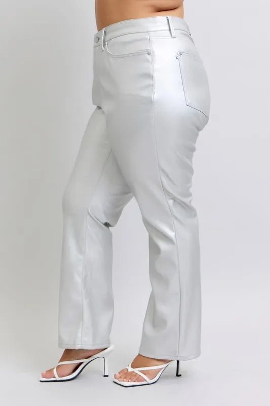 Judy Blue Plus Size High Waist Silver Faux Leather Pants - AMVIM