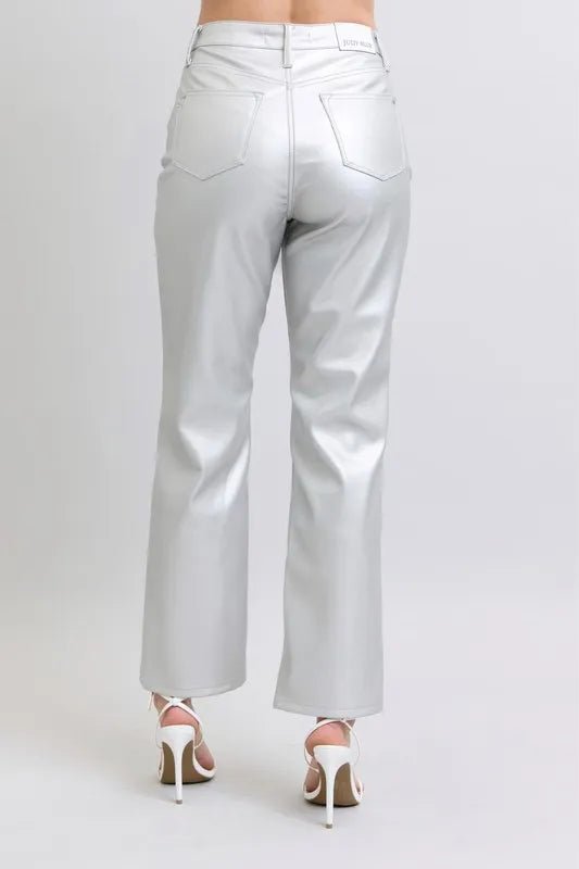 Judy Blue Plus Size High Waist Silver Faux Leather Pants - AMVIM