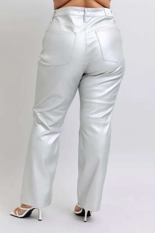Judy Blue Plus Size High Waist Silver Faux Leather Pants - AMVIM