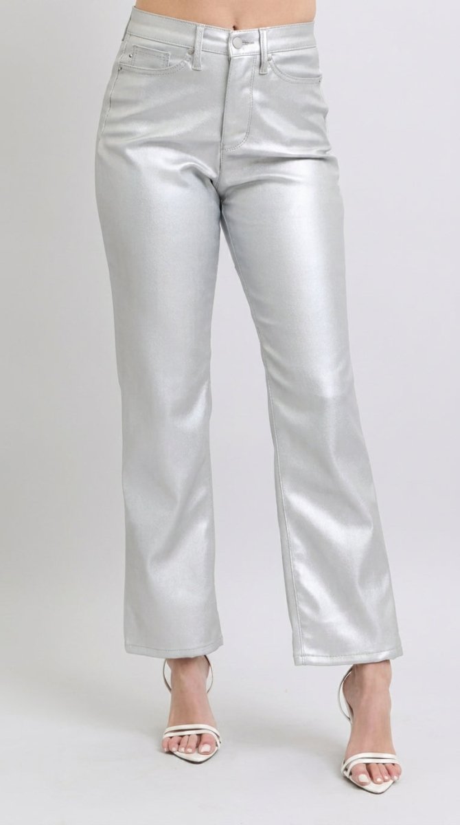 Judy Blue Plus Size High Waist Silver Faux Leather Pants - AMVIM