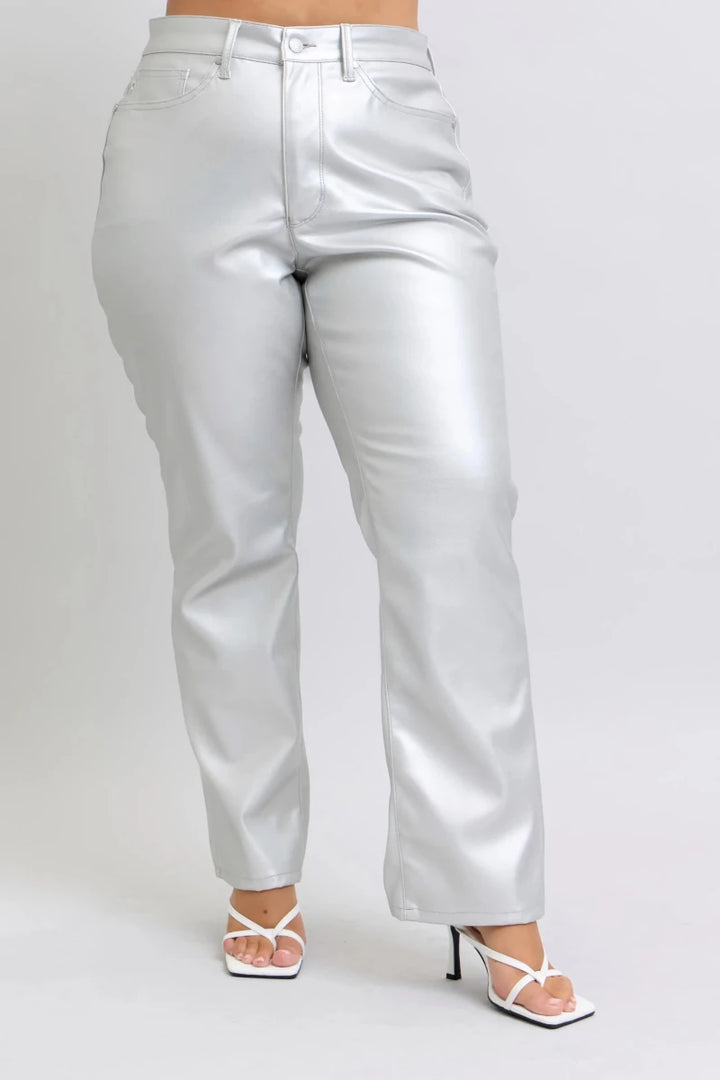 Judy Blue Plus Size High Waist Silver Faux Leather Pants - AMVIM