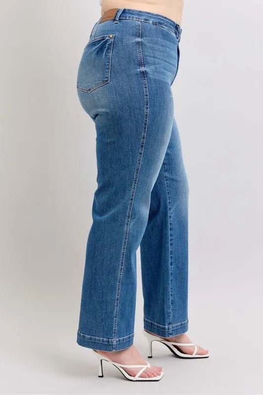 Judy Blue Plus Size High Waist Straight Jeans with Contrast Stitching - AMVIM