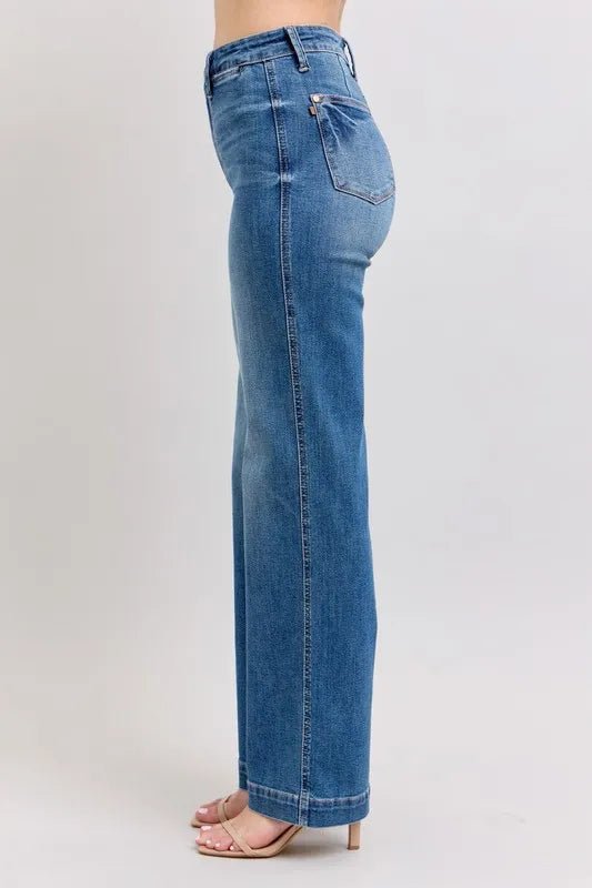 Judy Blue Plus Size High Waist Straight Jeans with Contrast Stitching - AMVIM