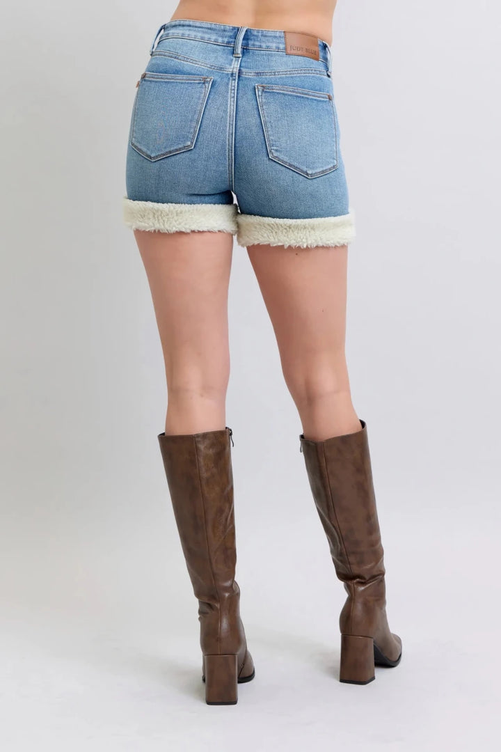 Judy Blue Plus Size High - Waist Tummy Control Denim Shorts with Shearling Cuffs - AMVIM
