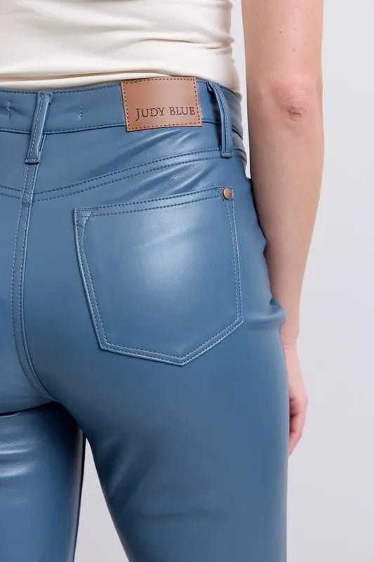 Judy Blue Plus Size High Waist Tummy Control Faux Leather Bootcut Pants - AMVIM