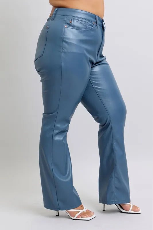 Judy Blue Plus Size High Waist Tummy Control Faux Leather Bootcut Pants - AMVIM