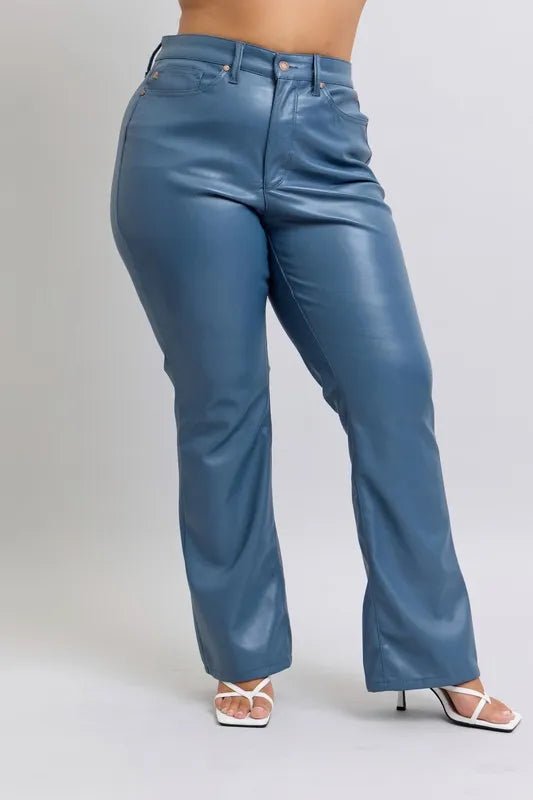 Judy Blue Plus Size High Waist Tummy Control Faux Leather Bootcut Pants - AMVIM