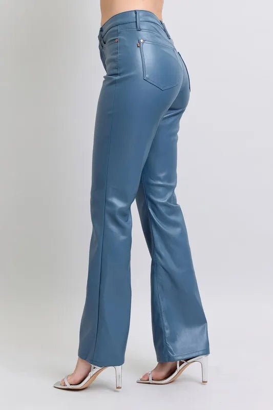 Judy Blue Plus Size High Waist Tummy Control Faux Leather Bootcut Pants - AMVIM