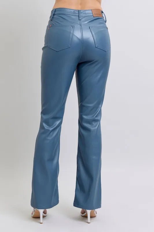 Judy Blue Plus Size High Waist Tummy Control Faux Leather Bootcut Pants - AMVIM