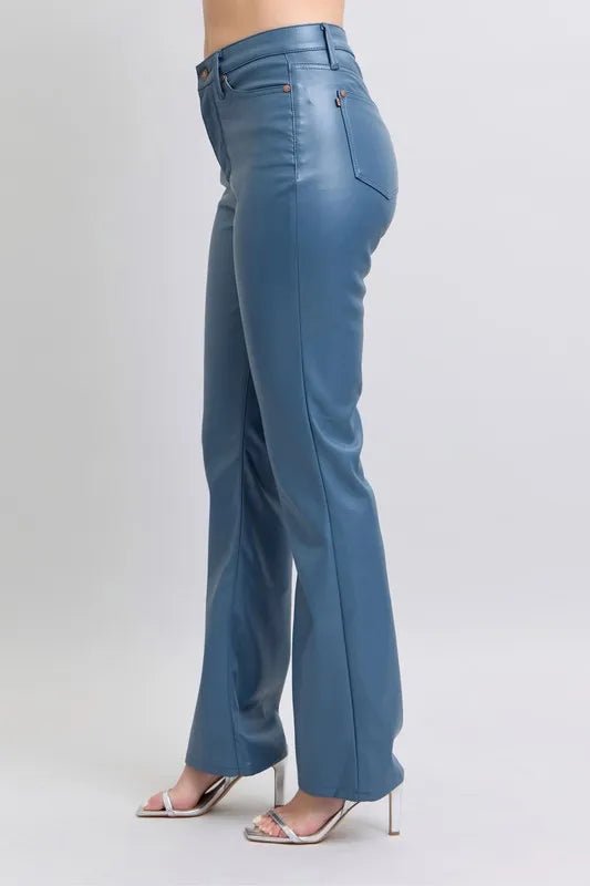 Judy Blue Plus Size High Waist Tummy Control Faux Leather Bootcut Pants - AMVIM