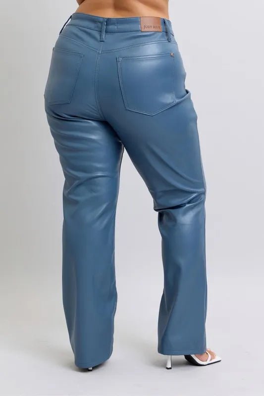 Judy Blue Plus Size High Waist Tummy Control Faux Leather Bootcut Pants - AMVIM