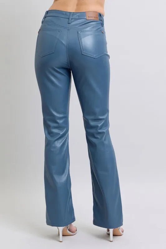 Judy Blue Plus Size High Waist Tummy Control Faux Leather Bootcut Pants - AMVIM