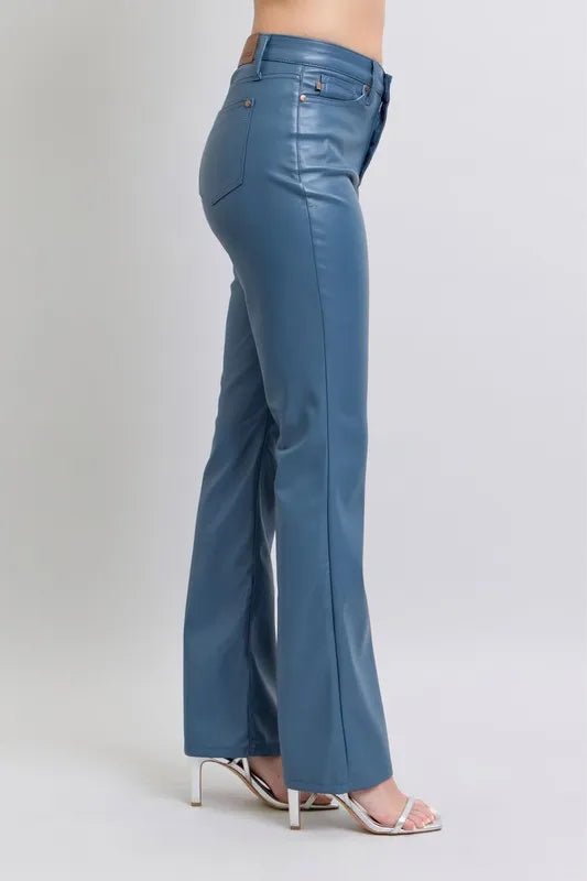 Judy Blue Plus Size High Waist Tummy Control Faux Leather Bootcut Pants - AMVIM