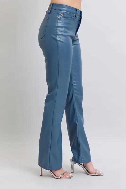 Judy Blue Plus Size High Waist Tummy Control Faux Leather Bootcut Pants - AMVIM