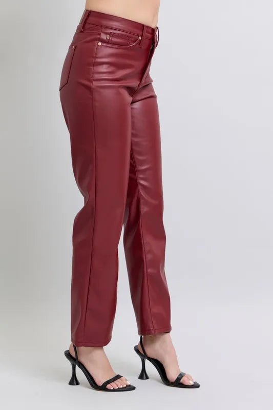 Judy Blue Plus Size High Waist Tummy Control Faux Leather Straight Pants - AMVIM