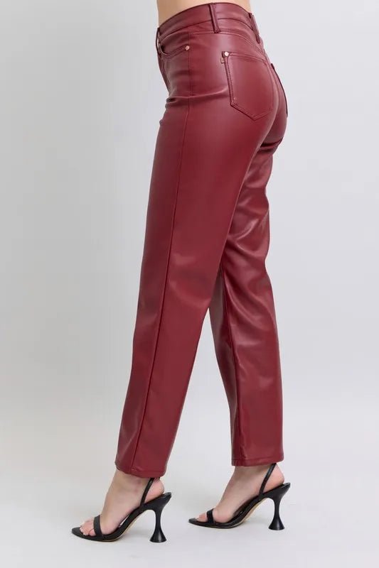 Judy Blue Plus Size High Waist Tummy Control Faux Leather Straight Pants - AMVIM