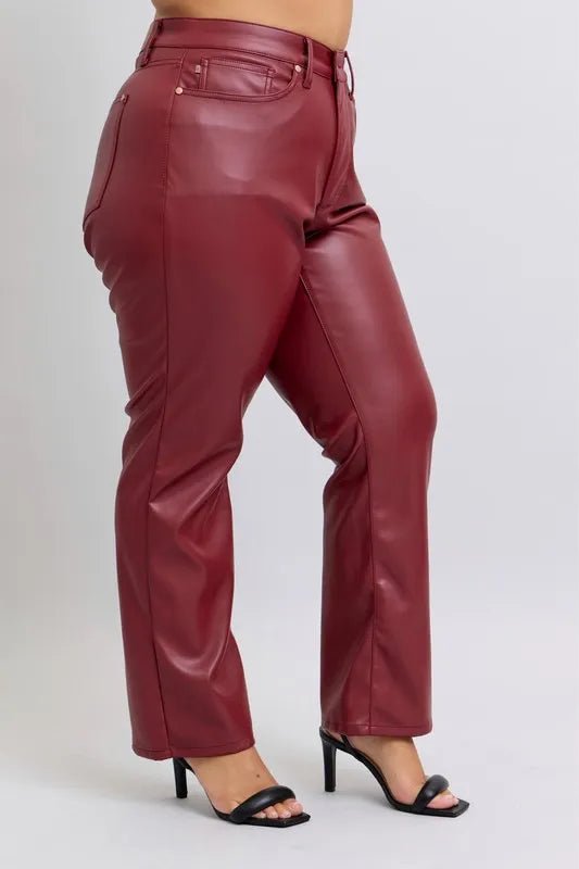 Judy Blue Plus Size High Waist Tummy Control Faux Leather Straight Pants - AMVIM