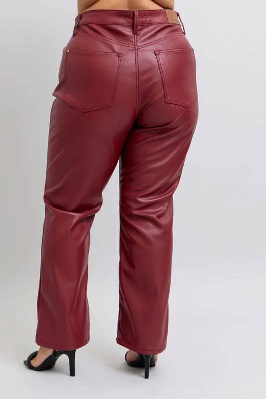 Judy Blue Plus Size High Waist Tummy Control Faux Leather Straight Pants - AMVIM