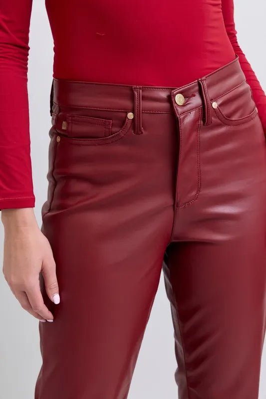 Judy Blue Plus Size High Waist Tummy Control Faux Leather Straight Pants - AMVIM