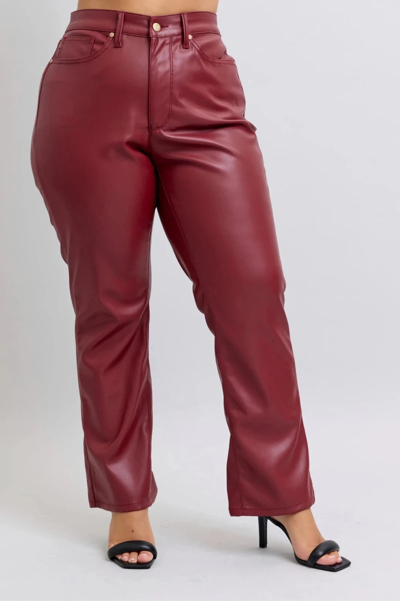 Judy Blue Plus Size High Waist Tummy Control Faux Leather Straight Pants - AMVIM