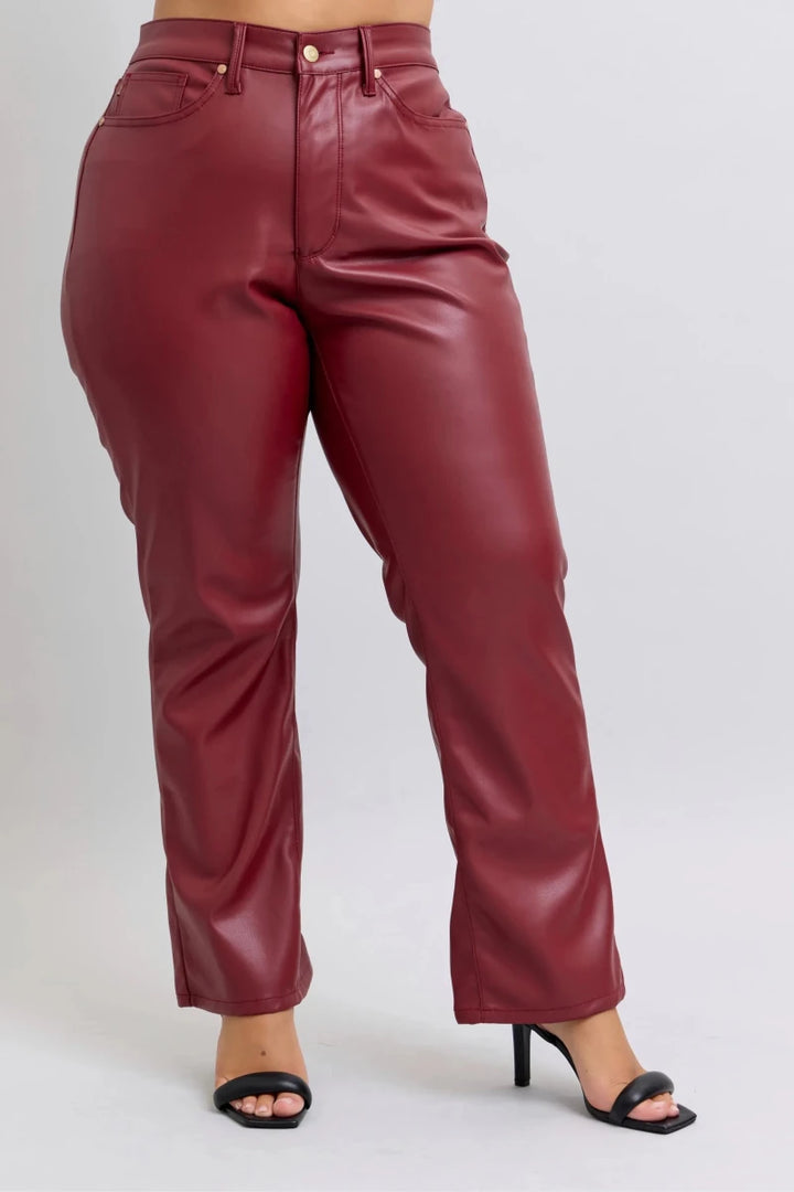 Judy Blue Plus Size High Waist Tummy Control Faux Leather Straight Pants - AMVIM