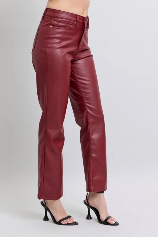 Judy Blue Plus Size High Waist Tummy Control Faux Leather Straight Pants - AMVIM