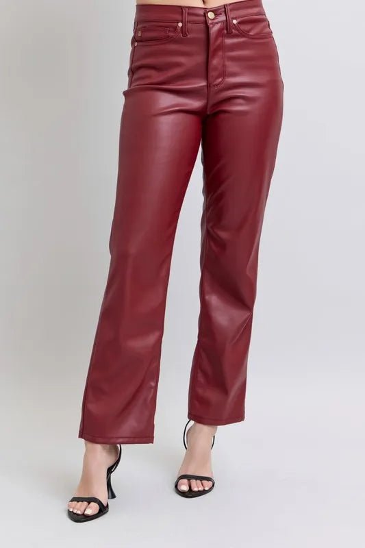 Judy Blue Plus Size High Waist Tummy Control Faux Leather Straight Pants - AMVIM