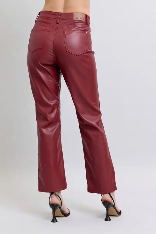 Judy Blue Plus Size High Waist Tummy Control Faux Leather Straight Pants - AMVIM
