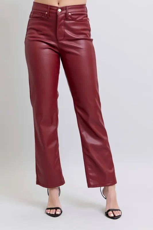Judy Blue Plus Size High Waist Tummy Control Faux Leather Straight Pants - AMVIM
