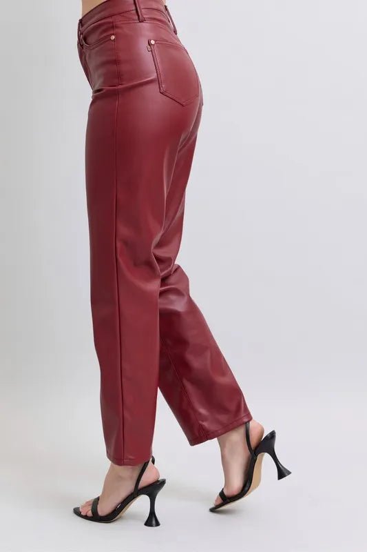 Judy Blue Plus Size High Waist Tummy Control Faux Leather Straight Pants - AMVIM