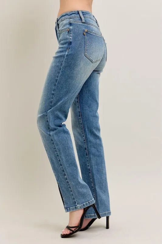 Judy Blue Plus Size High Waist Vintage Wash Front Seam &amp; Slit Straight Jeans - AMVIM