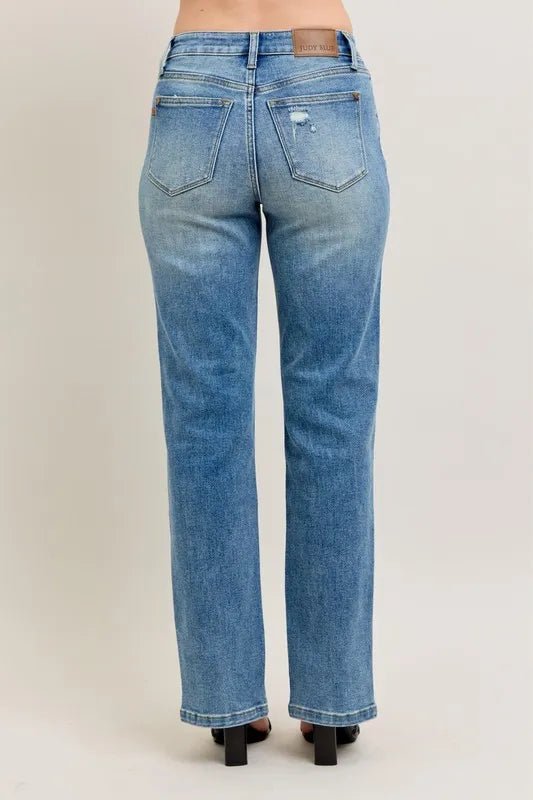 Judy Blue Plus Size High Waist Vintage Wash Front Seam &amp; Slit Straight Jeans - AMVIM