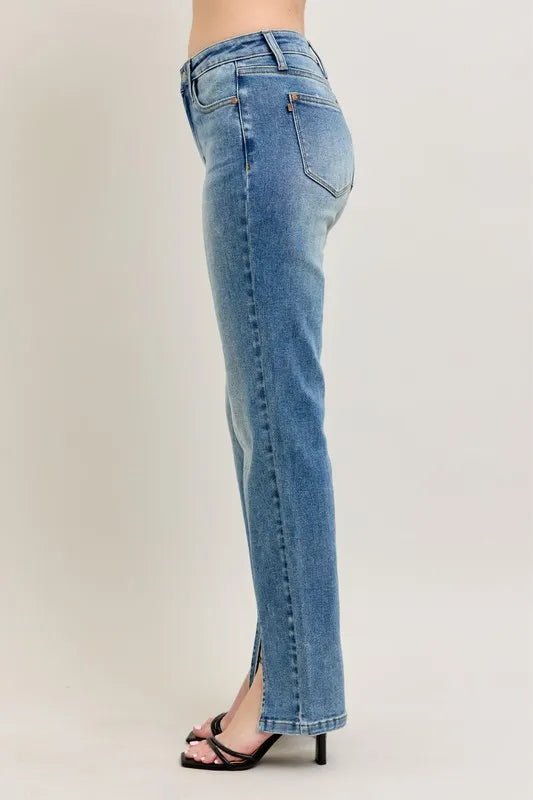 Judy Blue Plus Size High Waist Vintage Wash Front Seam &amp; Slit Straight Jeans - AMVIM