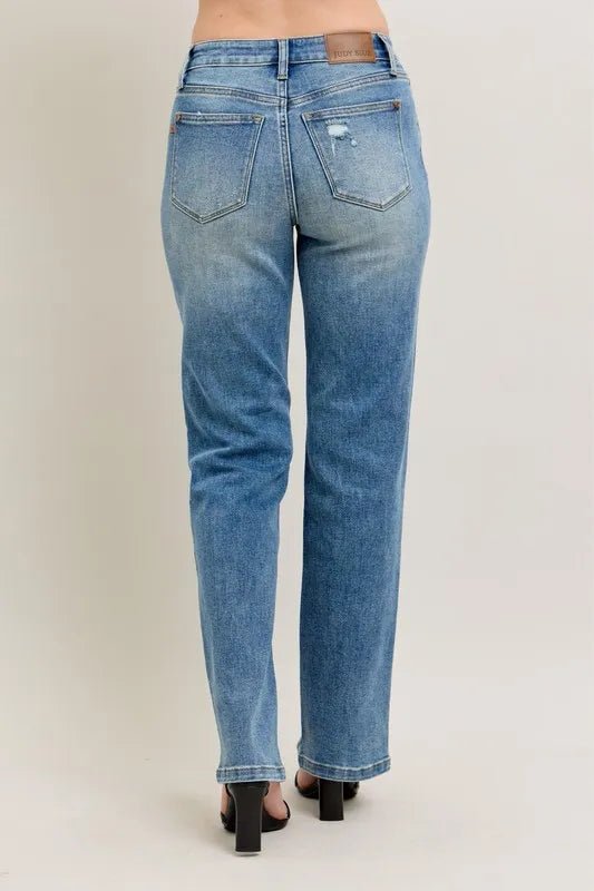 Judy Blue Plus Size High Waist Vintage Wash Front Seam &amp; Slit Straight Jeans - AMVIM
