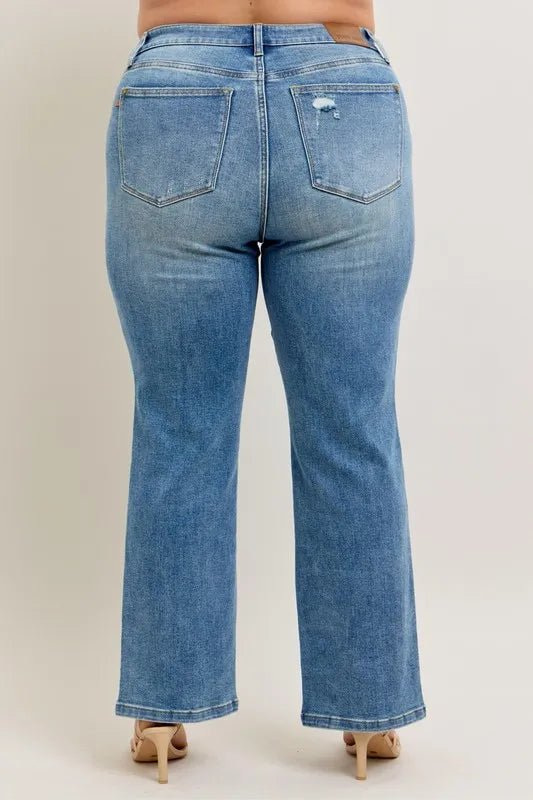 Judy Blue Plus Size High Waist Vintage Wash Front Seam &amp; Slit Straight Jeans - AMVIM
