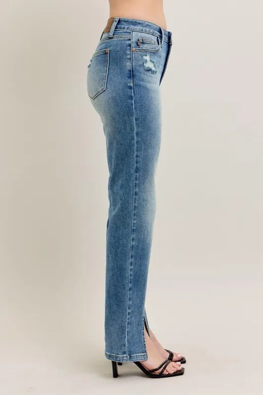 Judy Blue Plus Size High Waist Vintage Wash Front Seam &amp; Slit Straight Jeans - AMVIM
