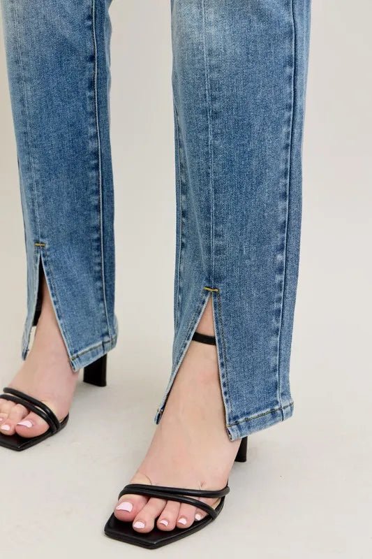 Judy Blue Plus Size High Waist Vintage Wash Front Seam &amp; Slit Straight Jeans - AMVIM