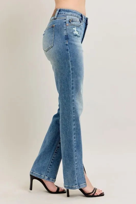 Judy Blue Plus Size High Waist Vintage Wash Front Seam &amp; Slit Straight Jeans - AMVIM