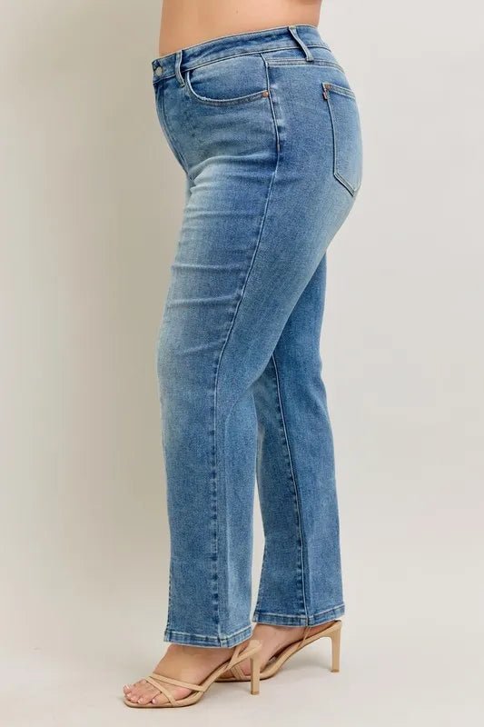Judy Blue Plus Size High Waist Vintage Wash Front Seam &amp; Slit Straight Jeans - AMVIM