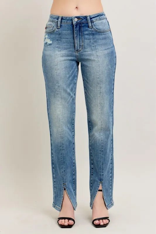 Judy Blue Plus Size High Waist Vintage Wash Front Seam &amp; Slit Straight Jeans - AMVIM