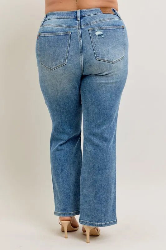Judy Blue Plus Size High Waist Vintage Wash Front Seam &amp; Slit Straight Jeans - AMVIM