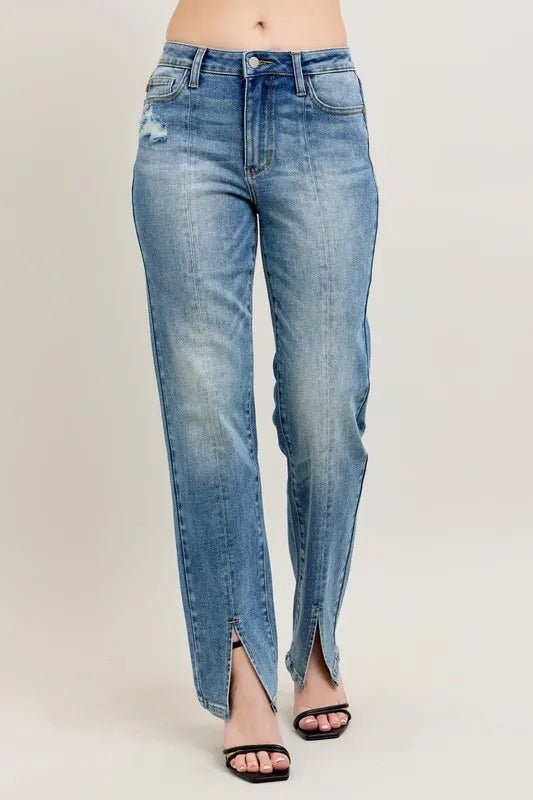 Judy Blue Plus Size High Waist Vintage Wash Front Seam & Slit Straight Jeans - AMVIM