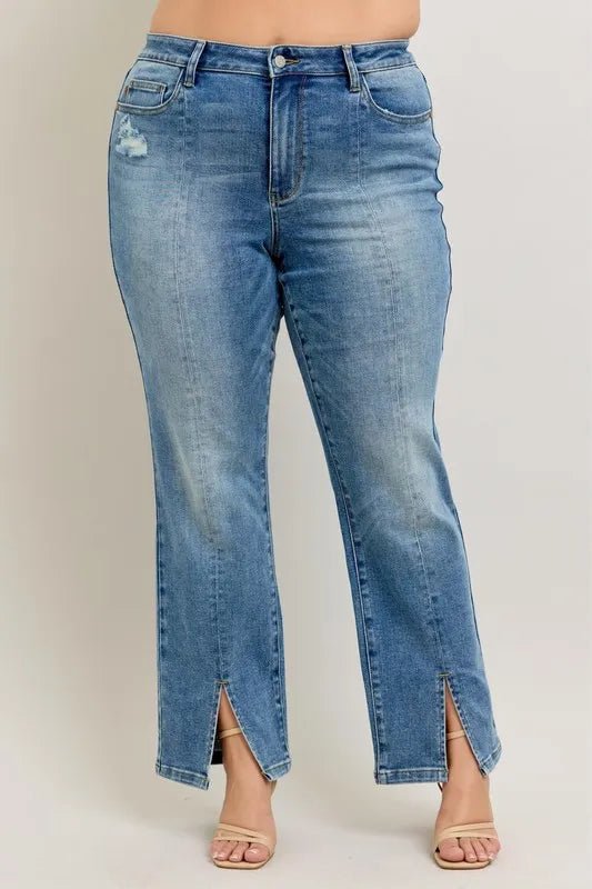 Judy Blue Plus Size High Waist Vintage Wash Front Seam &amp; Slit Straight Jeans - AMVIM
