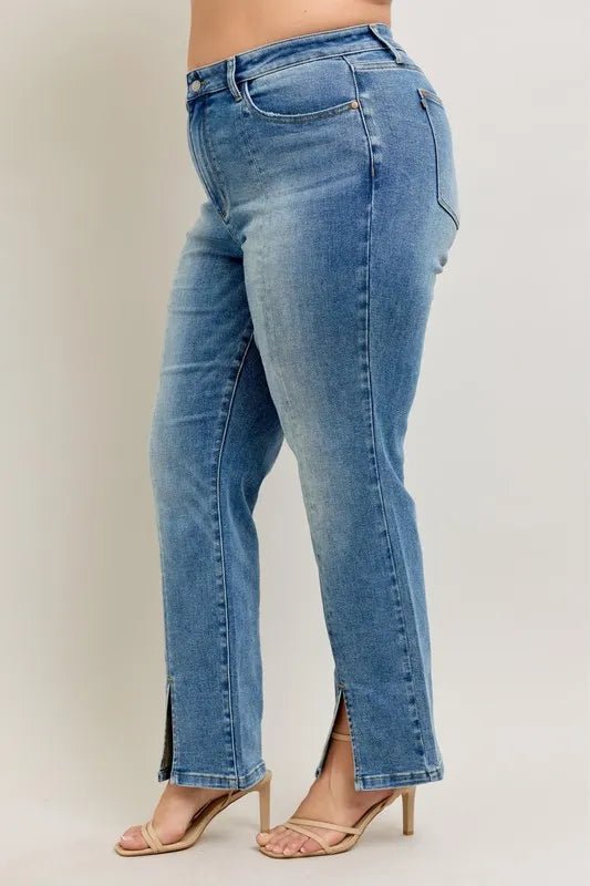 Judy Blue Plus Size High Waist Vintage Wash Front Seam &amp; Slit Straight Jeans - AMVIM