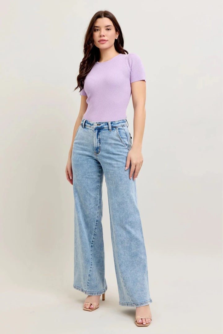 Judy Blue Plus Size High Waist Wide Leg Jeans with Asymmetrical Inseam - AMVIM