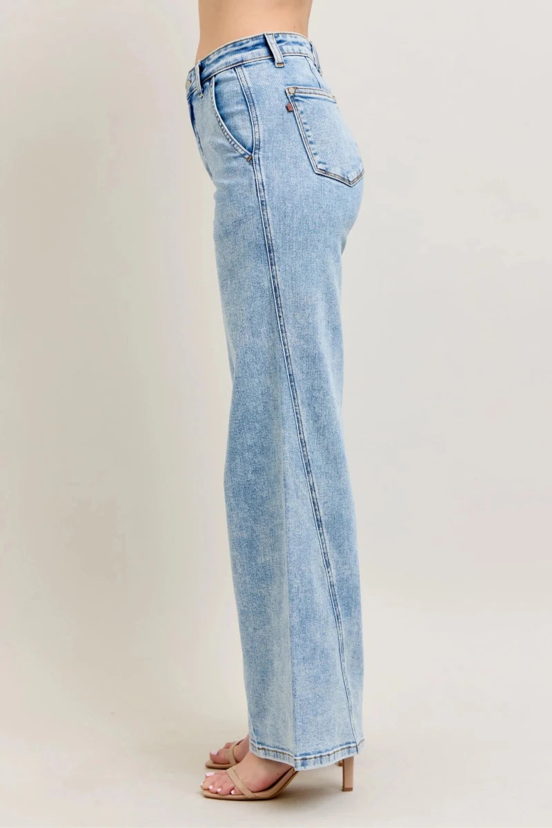 Judy Blue Plus Size High Waist Wide Leg Jeans with Asymmetrical Inseam - AMVIM