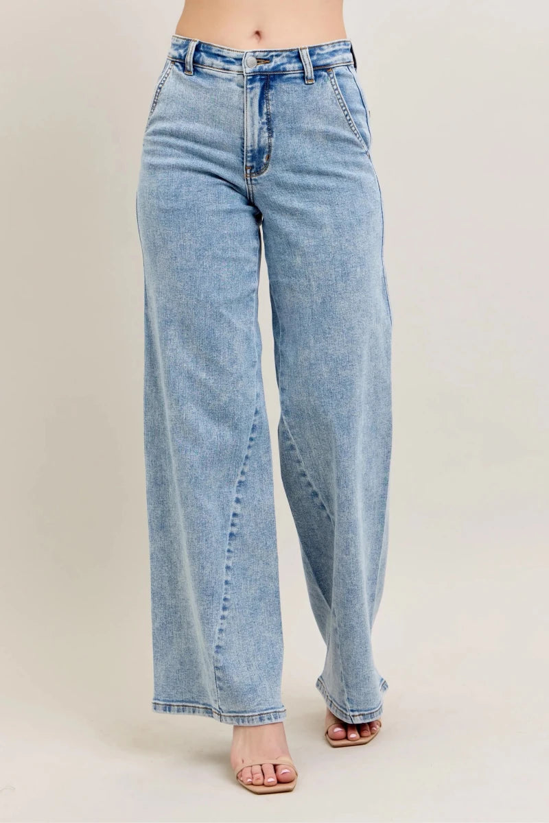 Judy Blue Plus Size High Waist Wide Leg Jeans with Asymmetrical Inseam - AMVIM