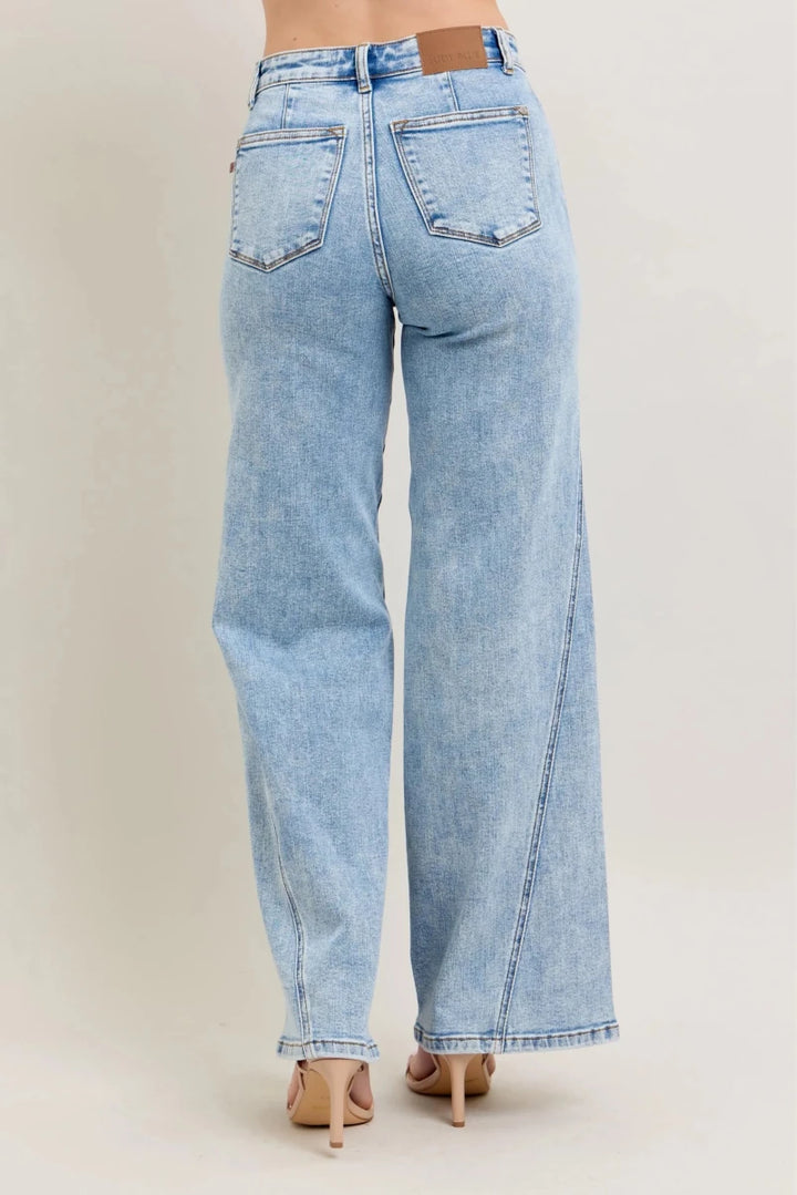 Judy Blue Plus Size High Waist Wide Leg Jeans with Asymmetrical Inseam - AMVIM