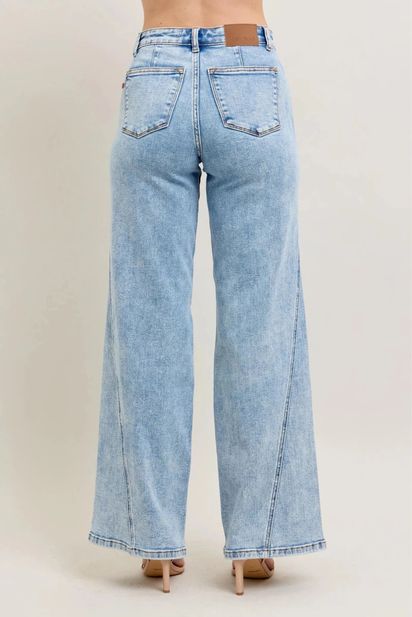 Judy Blue Plus Size High Waist Wide Leg Jeans with Asymmetrical Inseam - AMVIM
